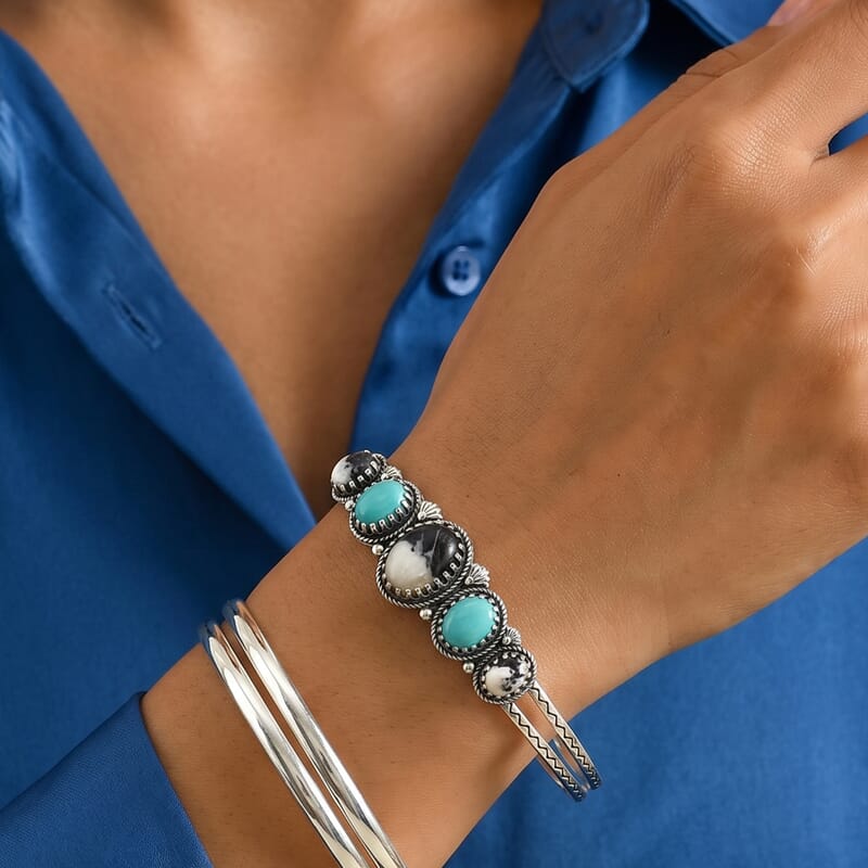 D'Joy Artisan Crafted Premium White Buffalo and Tahoe Nevada Turquoise 15.20 ctw Spirits of the Desert Cuff Bracelet in Sterling Silver