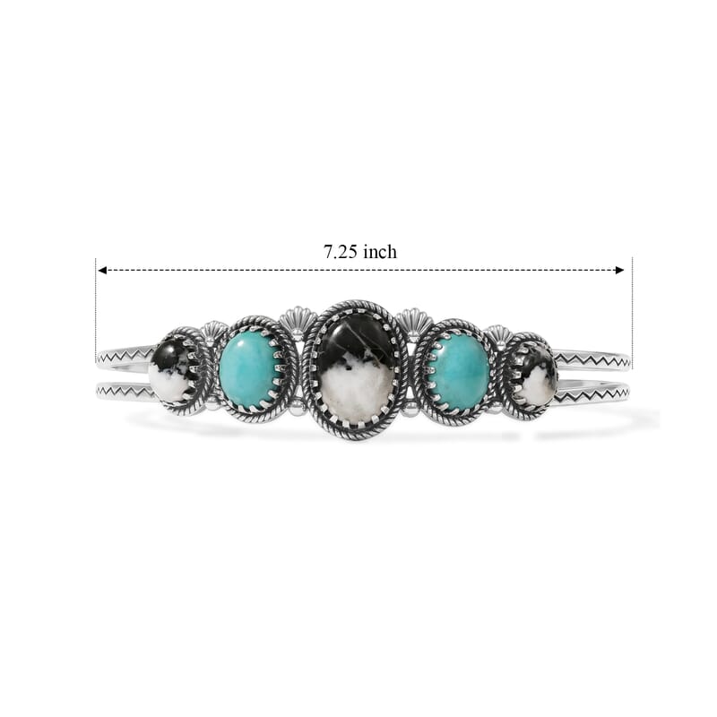 D'Joy Artisan Crafted Premium White Buffalo and Tahoe Nevada Turquoise 15.20 ctw Spirits of the Desert Cuff Bracelet in Sterling Silver