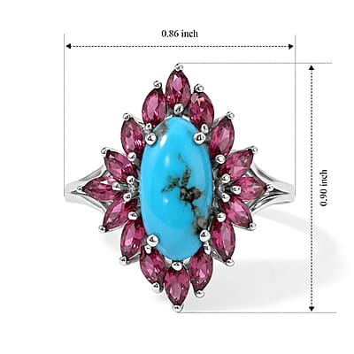 D'Joy AAA Sonoran Turquoise and Orissa Rose Garnet 3.65 ctw Ring in Rhodium Over Sterling Silver (Size 5.0)