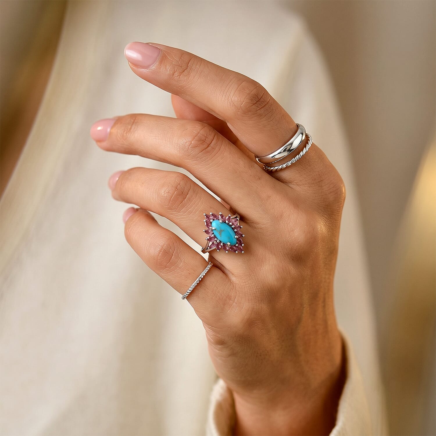 D'Joy AAA Sonoran Turquoise and Orissa Rose Garnet 3.65 ctw Regal Bloom Ring in Rhodium Over Sterling Silver (Size 6.0)