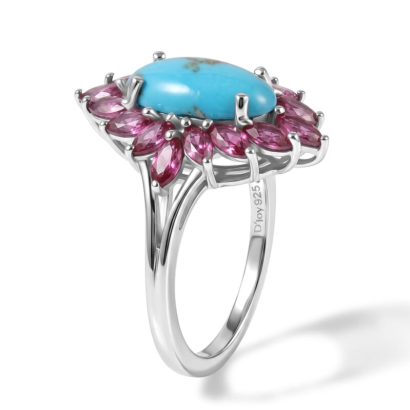 D'Joy AAA Sonoran Turquoise and Orissa Rose Garnet 3.65 ctw Regal Bloom Ring in Rhodium Over Sterling Silver (Size 6.0)