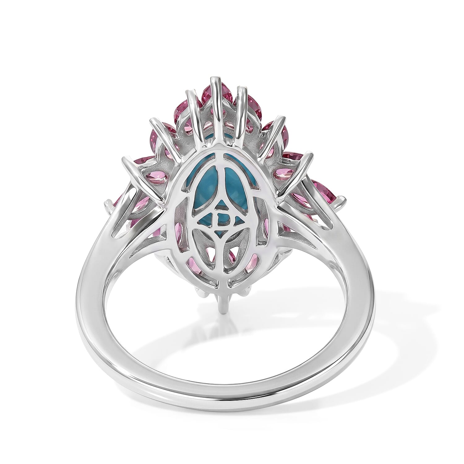 D'Joy AAA Sonoran Turquoise and Orissa Rose Garnet 3.65 ctw Regal Bloom Ring in Rhodium Over Sterling Silver (Size 6.0)