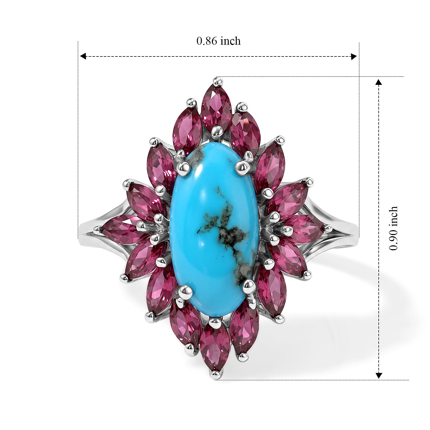 D'Joy AAA Sonoran Turquoise and Orissa Rose Garnet 3.65 ctw Regal Bloom Ring in Rhodium Over Sterling Silver (Size 6.0)