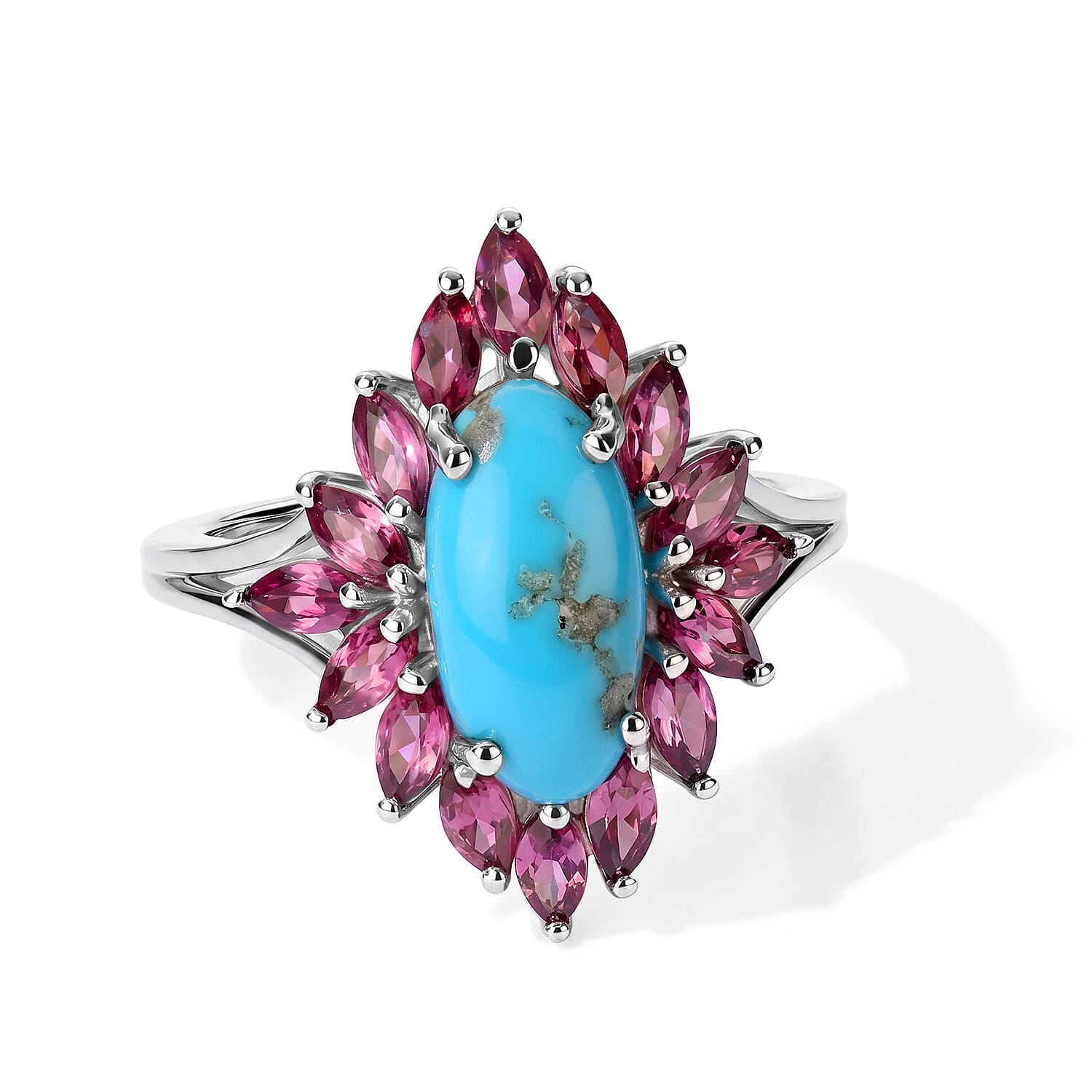 D'Joy AAA Sonoran Turquoise and Orissa Rose Garnet 3.65 ctw Regal Bloom Ring in Rhodium Over Sterling Silver (Size 6.0)
