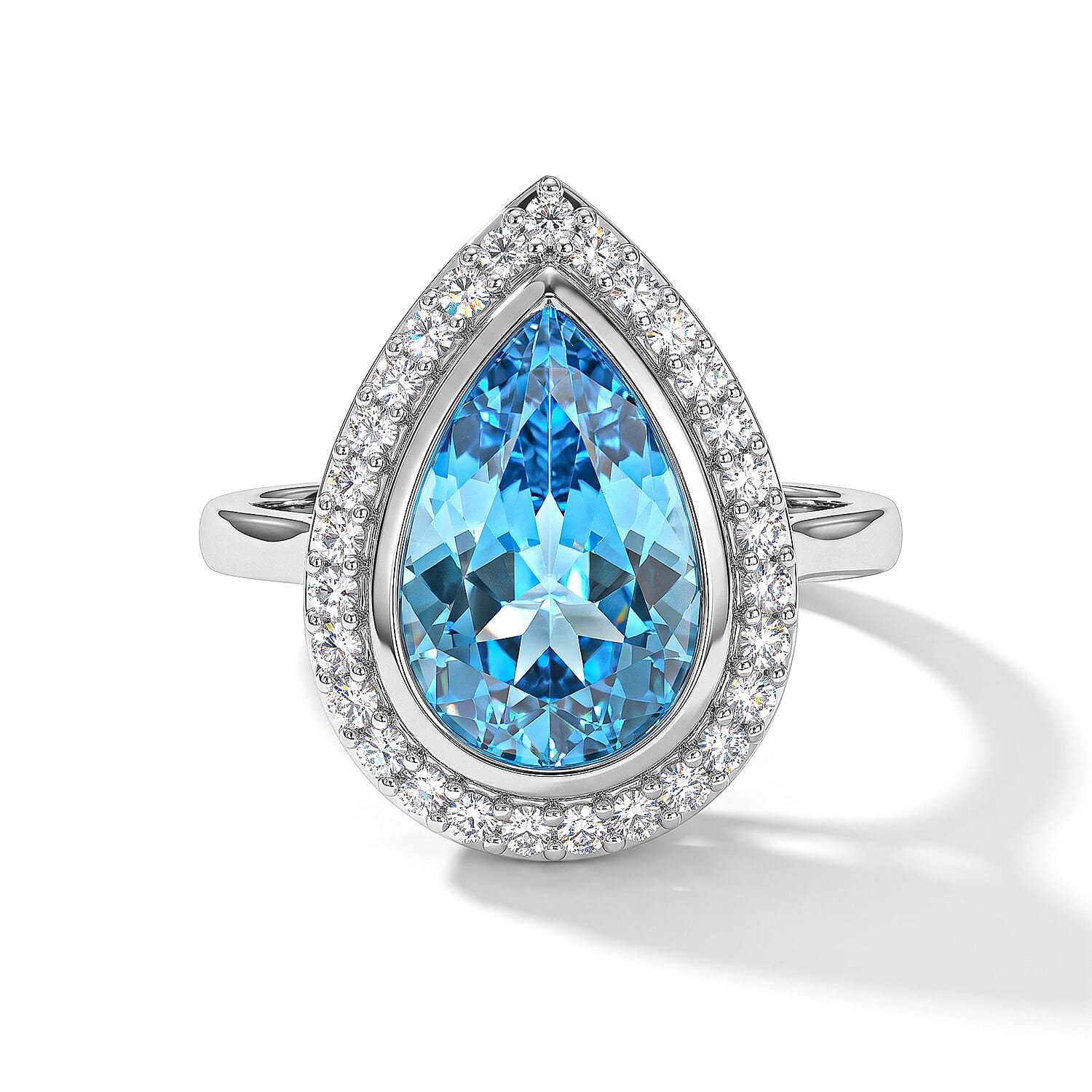 D'Joy Premium Swiss Blue Topaz and Moissanite 5.50 ctw Dew Drop Ring in Rhodium Over Sterling Silver (Size 6.0)