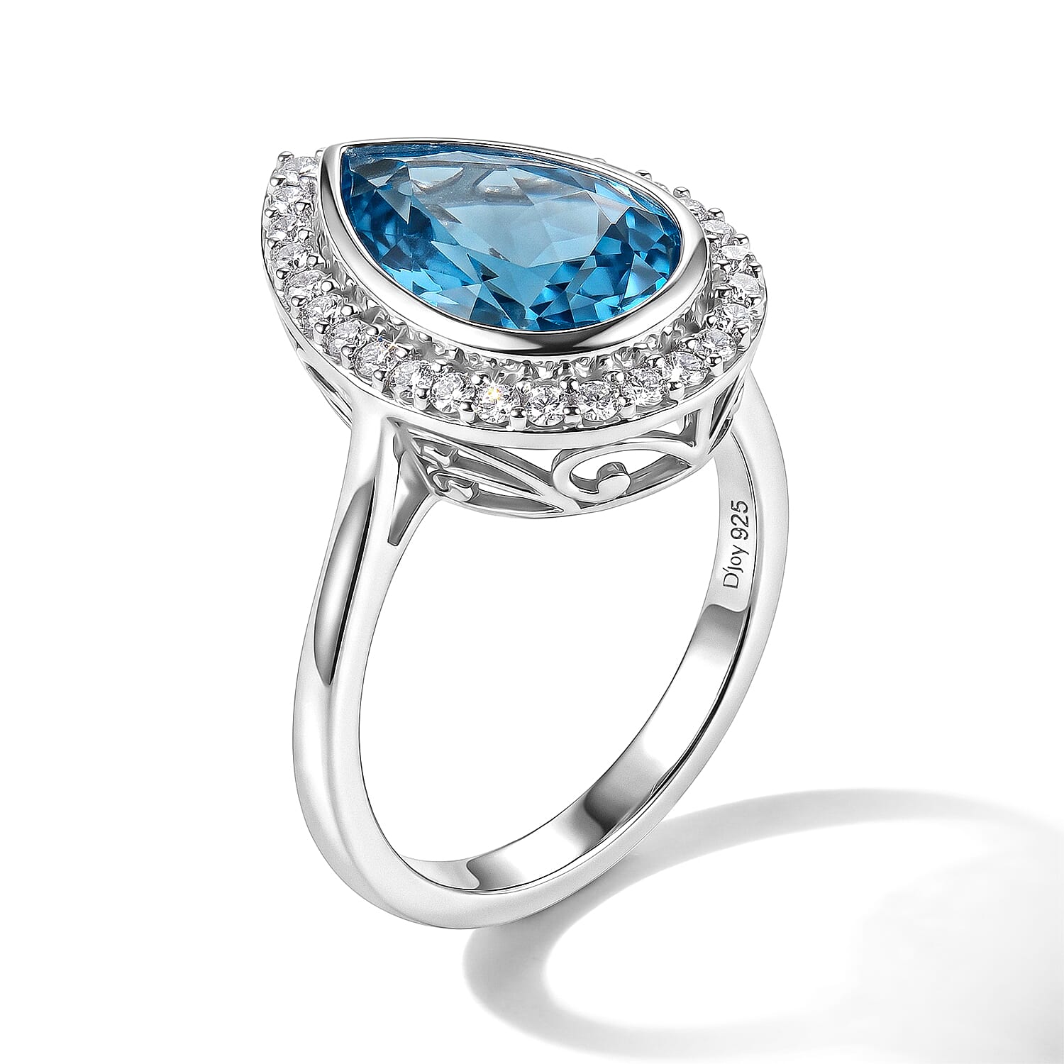 D'Joy Premium Swiss Blue Topaz and Moissanite 5.50 ctw Dew Drop Ring in Rhodium Over Sterling Silver (Size 6.0)