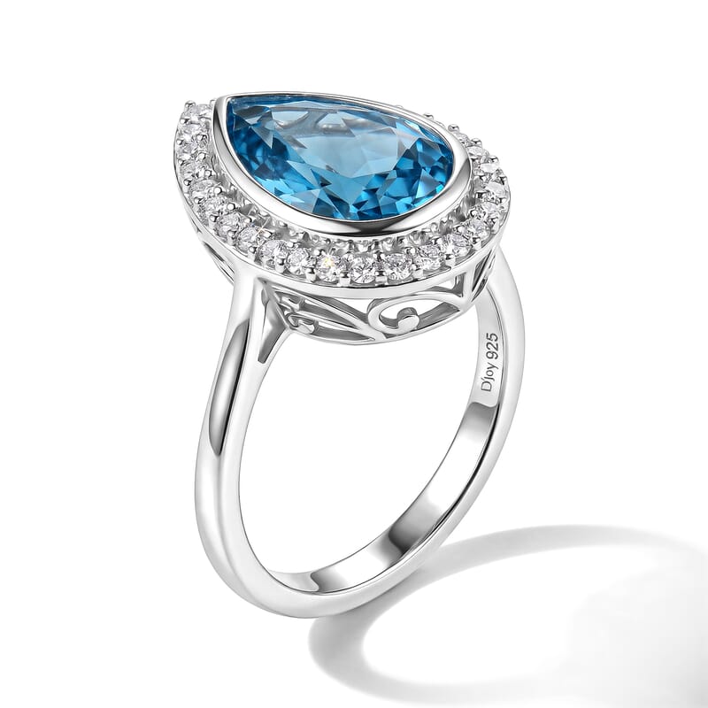 D'Joy Premium Swiss Blue Topaz and Moissanite 5.50 ctw Dew Drop Ring in Rhodium Over Sterling Silver (Size 6.0)