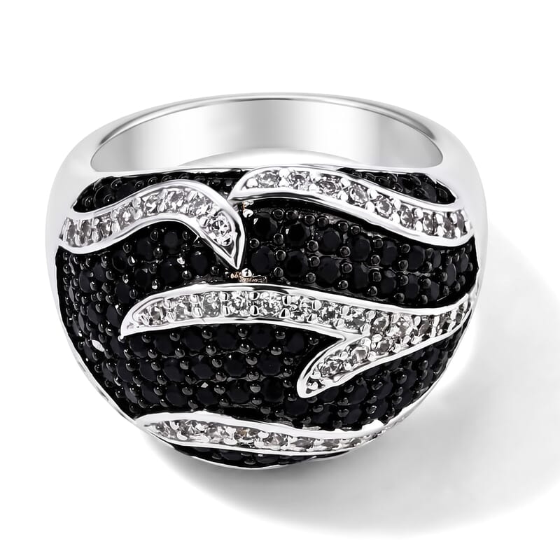 EverTrue Thai Black Spinel 1.25 ctw Sculptural Wave Ring in Silvertone (Size 7.0)