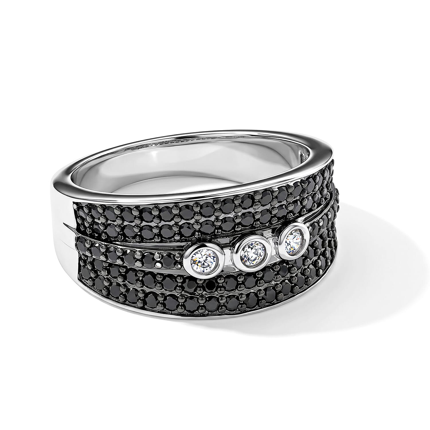 EverTrue Thai Black Spinel and Simulated Diamond 0.75 ctw Wide Band Ring in Silvertone (Size 5.0)