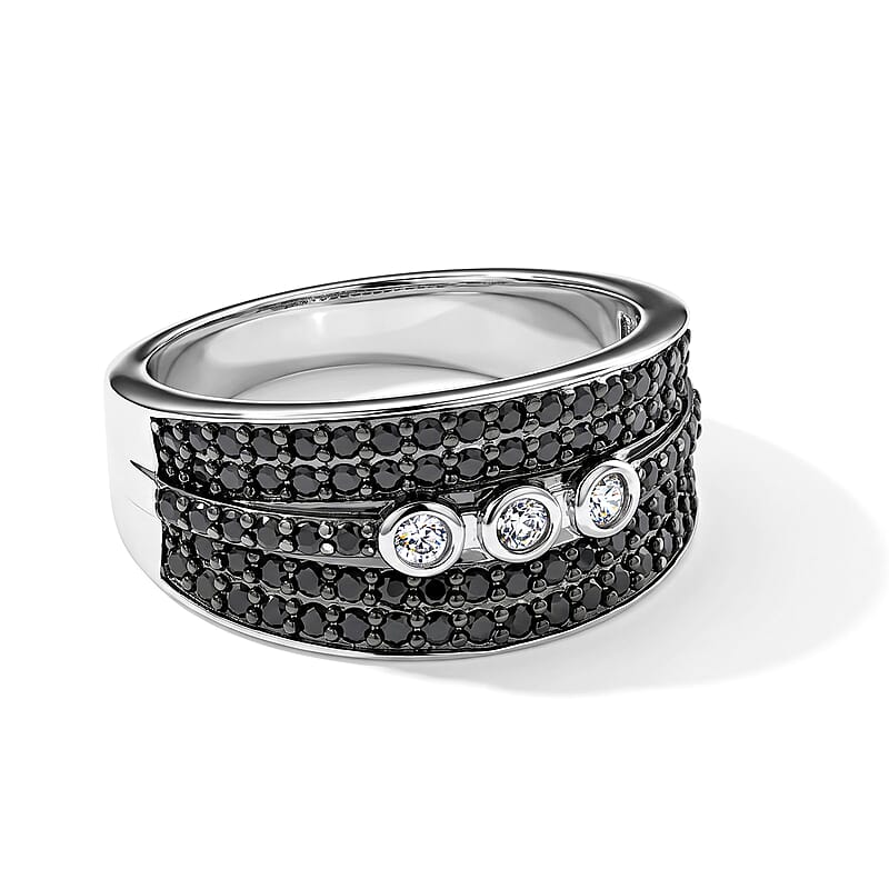 EverTrue Thai Black Spinel and Simulated Diamond 0.75 ctw Wide Band Ring in Silvertone (Size 5.0)