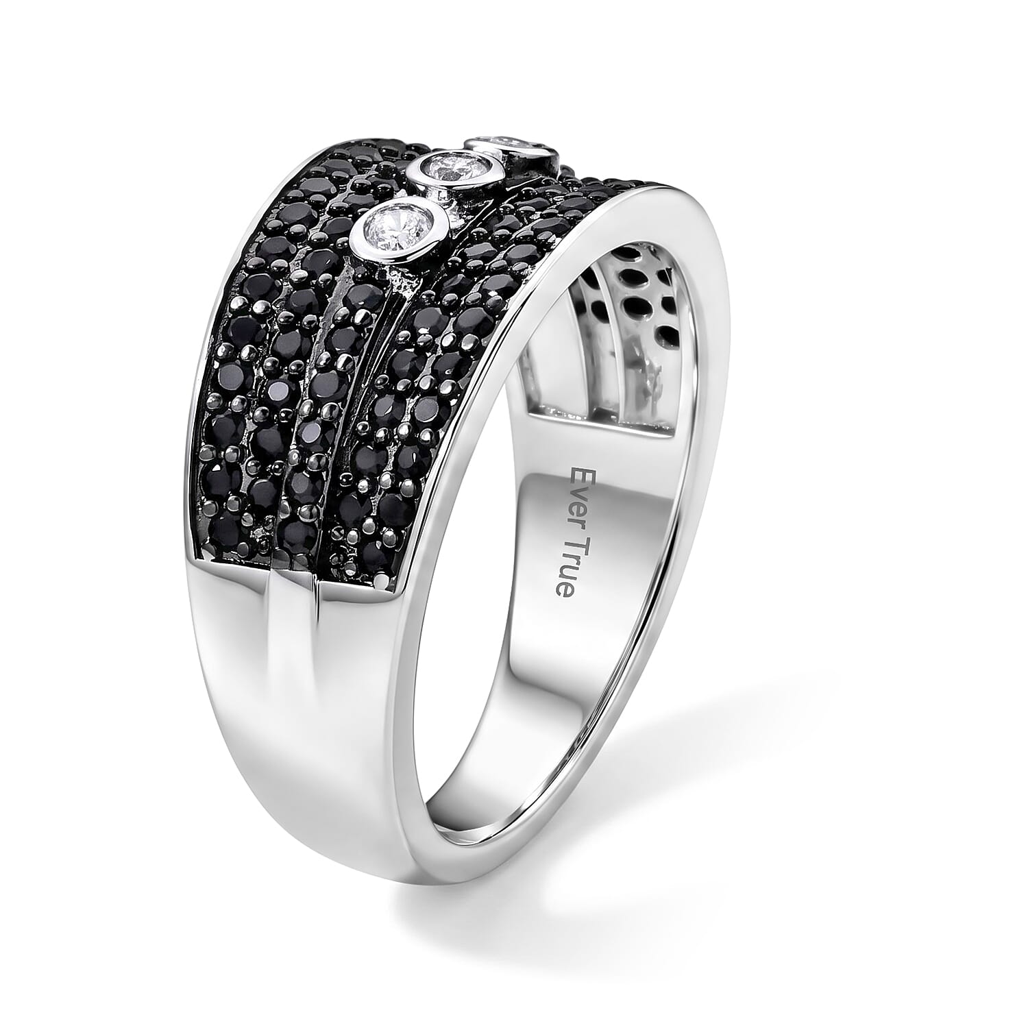 EverTrue Thai Black Spinel and Simulated Diamond 0.75 ctw Wide Band Ring in Silvertone (Size 5.0)
