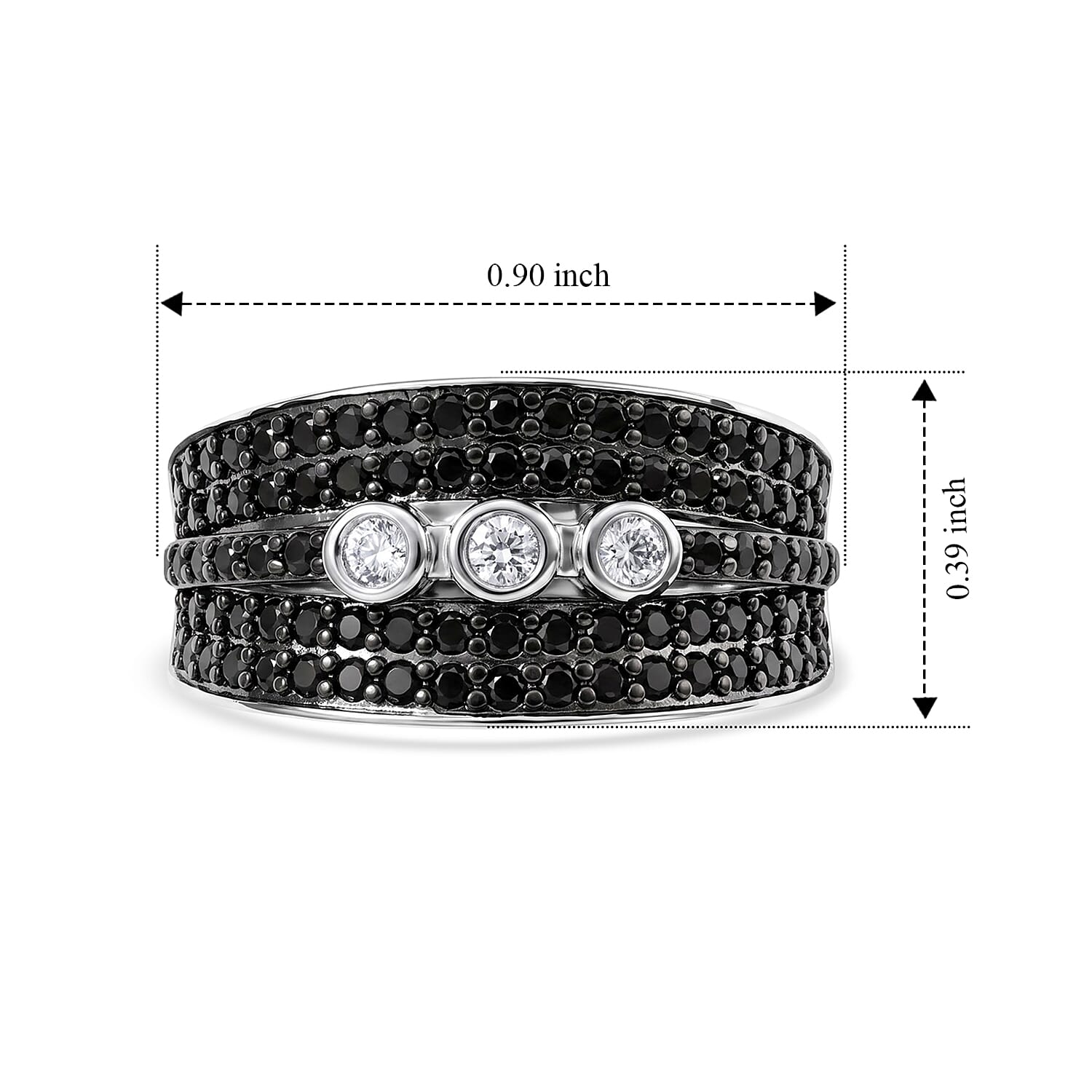 EverTrue Thai Black Spinel and Simulated Diamond 0.75 ctw Wide Band Ring in Silvertone (Size 5.0)