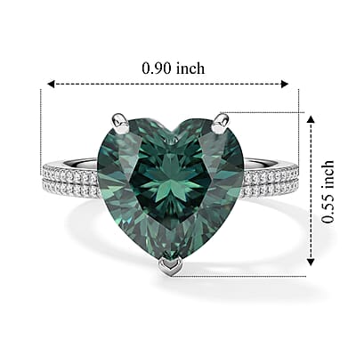 D'Joy Green and White Moissanite 5.00 ctw Heart Ring in Rhodium Over Sterling Silver (Size 6.0)
