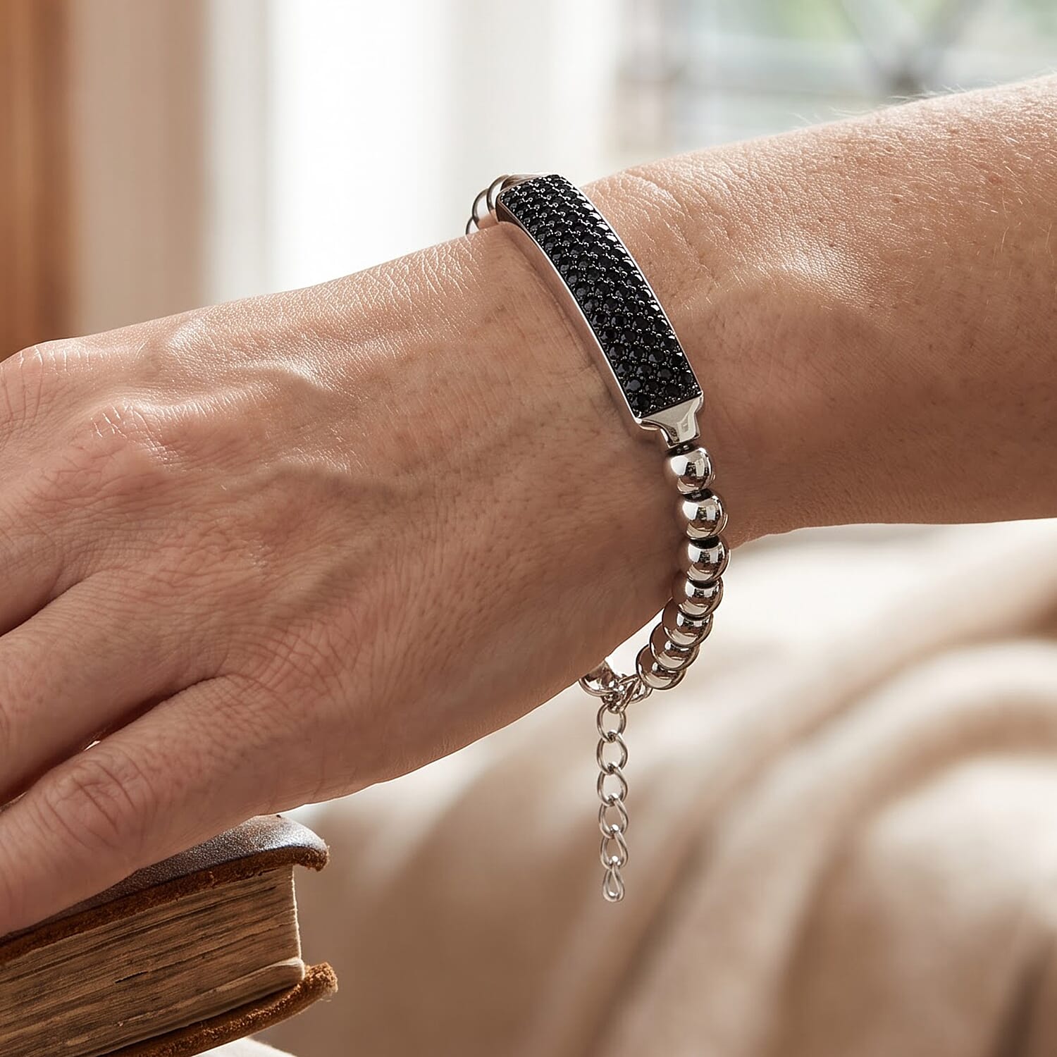 EverTrue Thai Black Spinel 6.90 ctw ID Bar Bracelet in Dualtone (8.00 In)