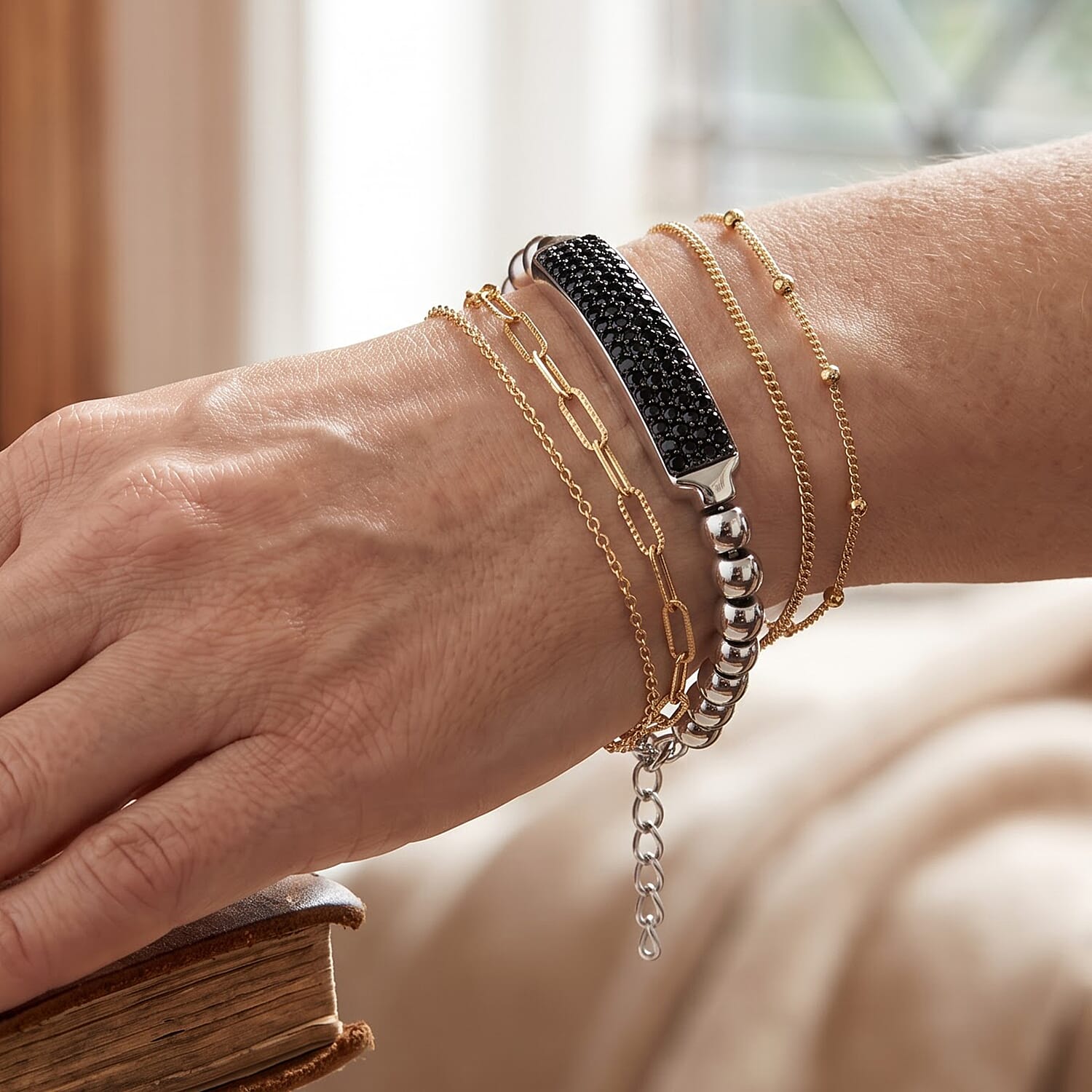 EverTrue Thai Black Spinel 6.90 ctw ID Bar Bracelet in Dualtone (8.00 In)
