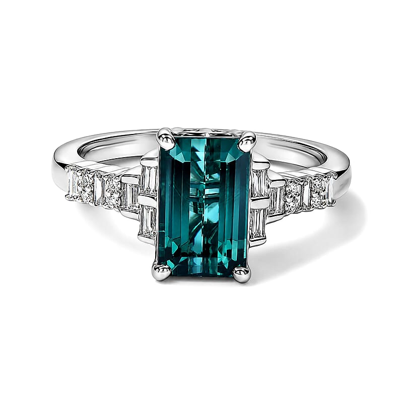 Rhapsody AAAA Monte Belo Indicolite and Diamond E-F VS 2.65 ctw Art Deco Glamour Ring in 950 Platinum (Size 8.0) 6.30 Grams
