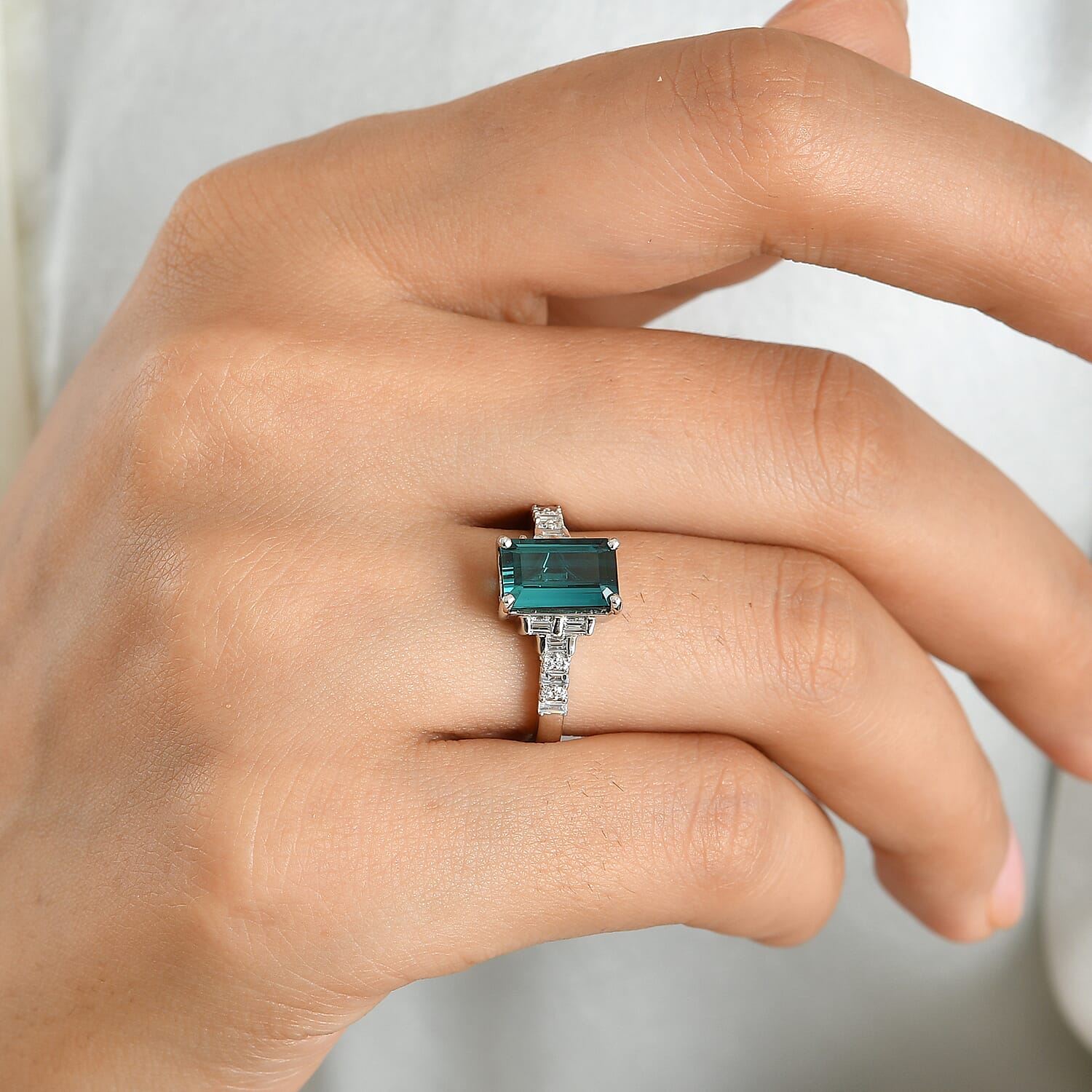 Rhapsody AAAA Monte Belo Indicolite and Diamond E-F VS 2.65 ctw Art Deco Glamour Ring in 950 Platinum (Size 8.0) 6.30 Grams