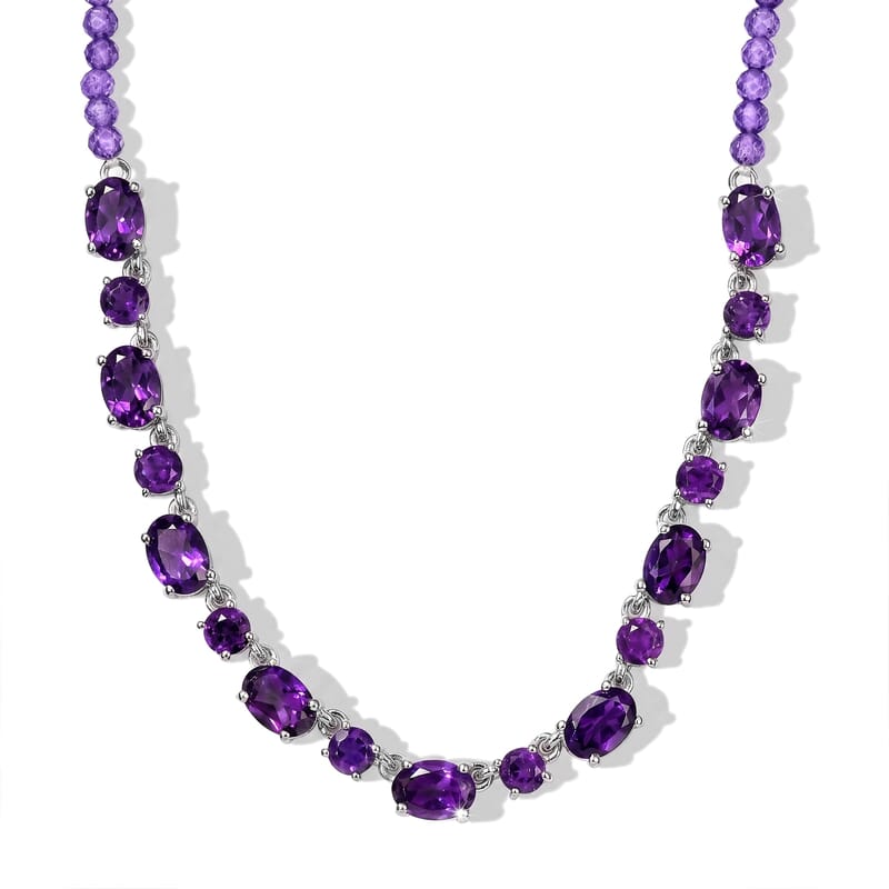 EverTrue African Amethyst 23.80 ctw Gleam Tennis Link with Beaded Necklace (18-20 Inches) in Platinum Bond