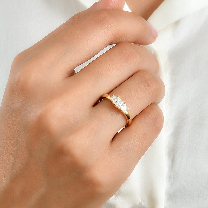 D'Joy Moissanite 0.65 ctw Bond Collection 3 Stone Ring in 18K Vermeil Yellow Gold Over Sterling Silver (Size 5.0)
