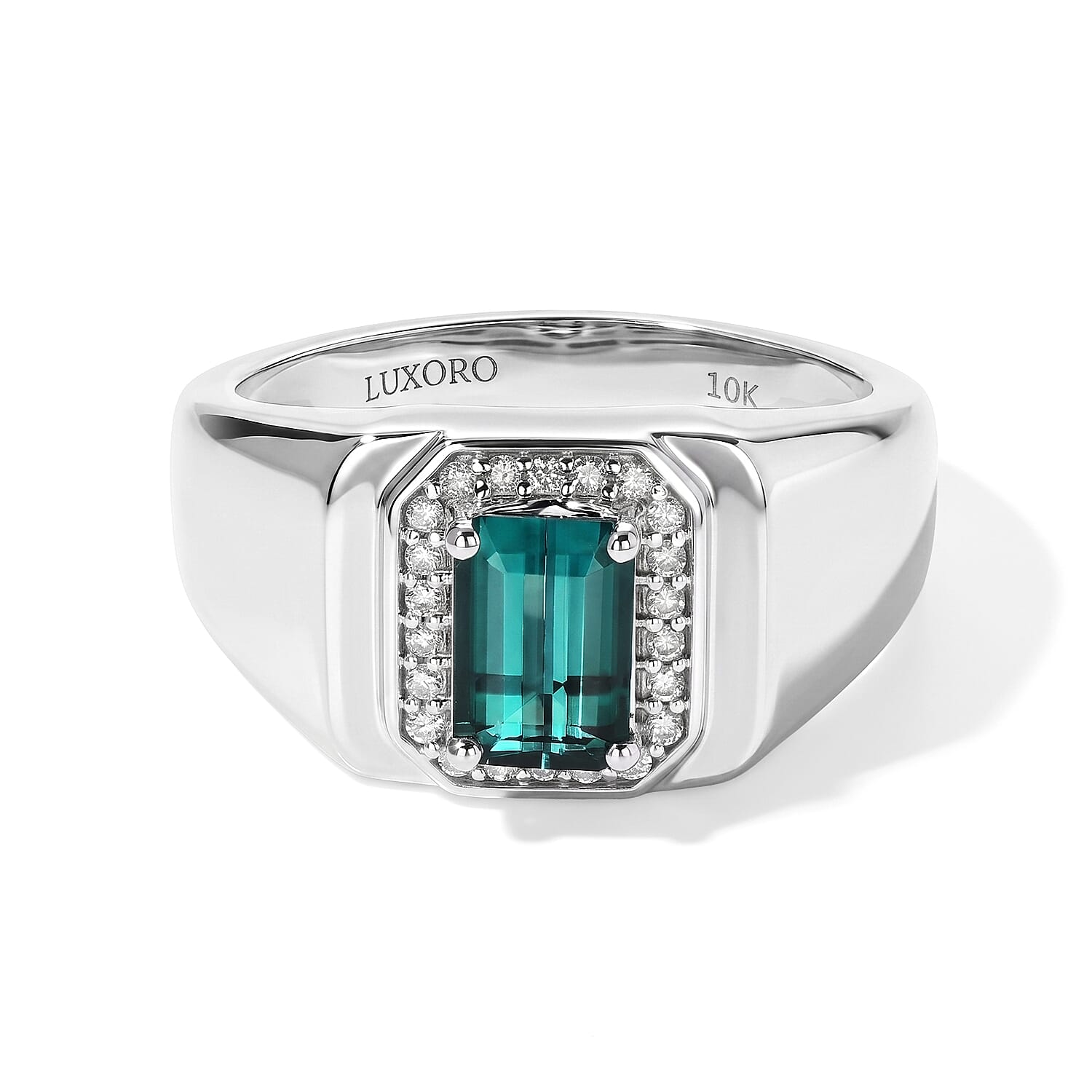 Luxoro AAA Monte Belo Indicolite and Diamond I2 1.60 ctw Men's Ring in 10K White Gold (Size 10.0) 7.35 Grams
