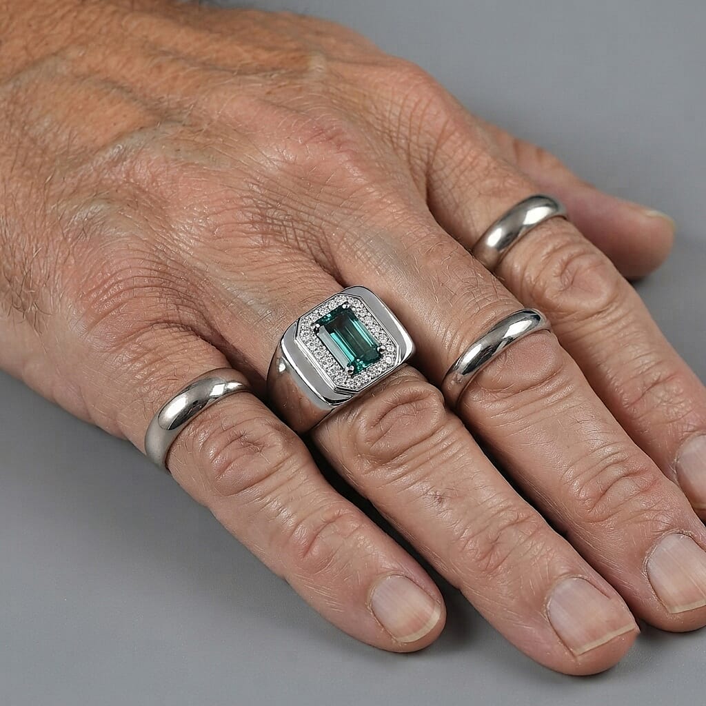 Luxoro AAA Monte Belo Indicolite and Diamond I2 1.60 ctw Men's Ring in 10K White Gold (Size 10.0) 7.35 Grams