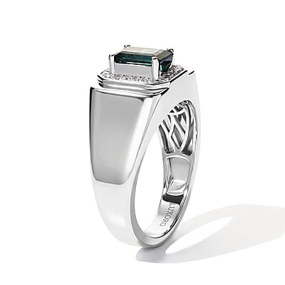 Luxoro AAA Monte Belo Indicolite and Diamond I2 1.60 ctw Men's Ring in 10K White Gold (Size 10.0) 7.35 Grams