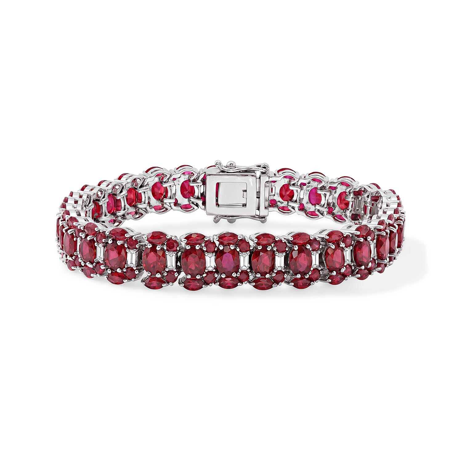 D'Joy Niassa Ruby (FF) and White Zircon 23.00 ctw Bracelet in Rhodium Over Sterling Silver (6.50 In)