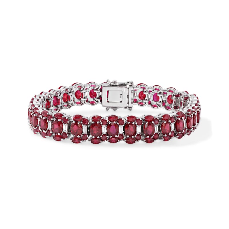D'Joy Niassa Ruby (FF) and White Zircon 23.00 ctw Grandeur Collection Bracelet in Rhodium Over Sterling Silver (6.50 In)