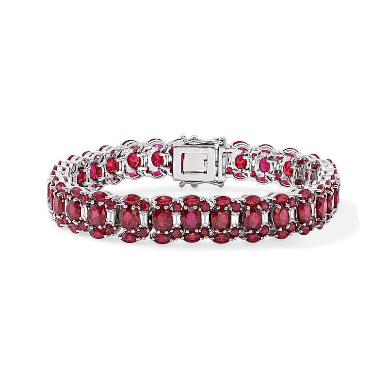 D'Joy Niassa Ruby (FF) and White Zircon 23.00 ctw Bracelet in Rhodium Over Sterling Silver (6.50 In)