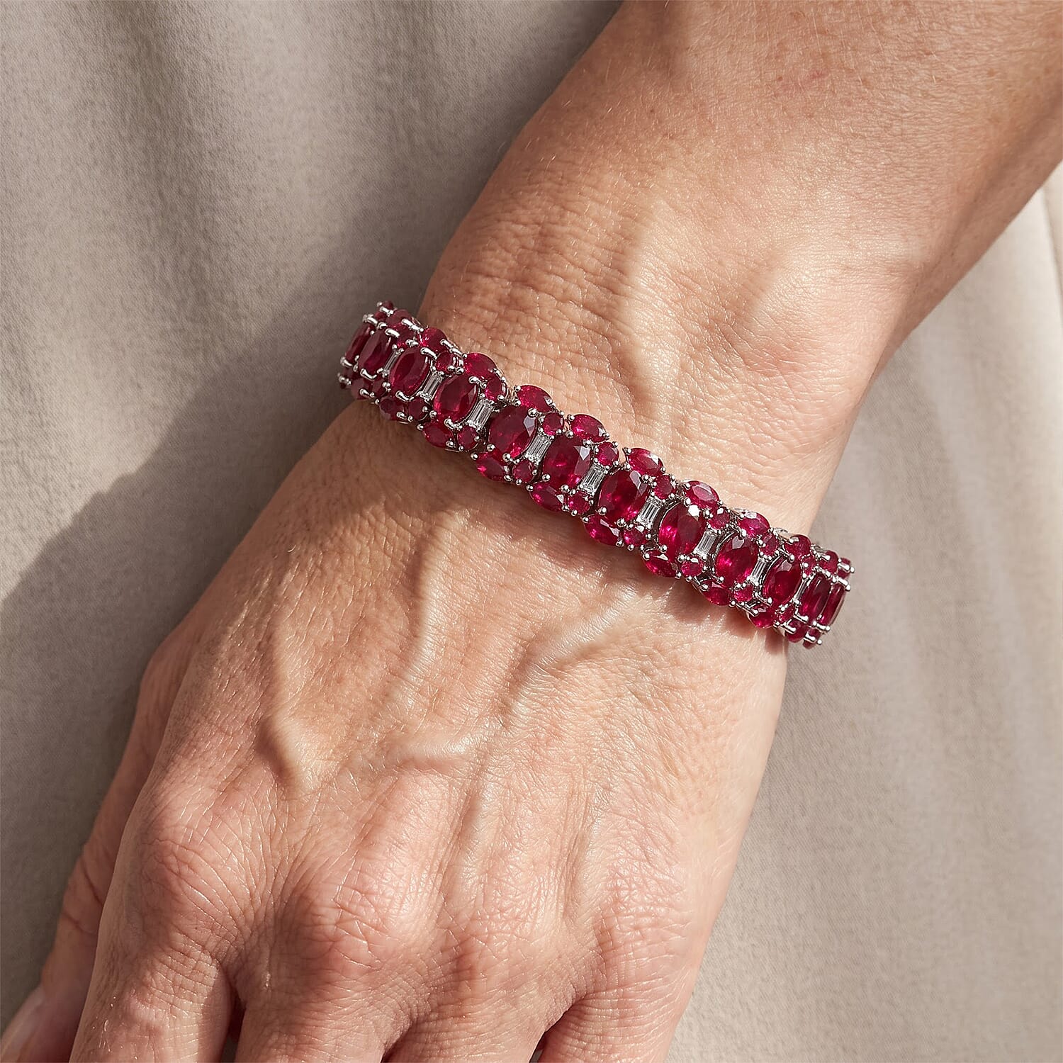 D'Joy Niassa Ruby (FF) and White Zircon 23.00 ctw Bracelet in Rhodium Over Sterling Silver (6.50 In)