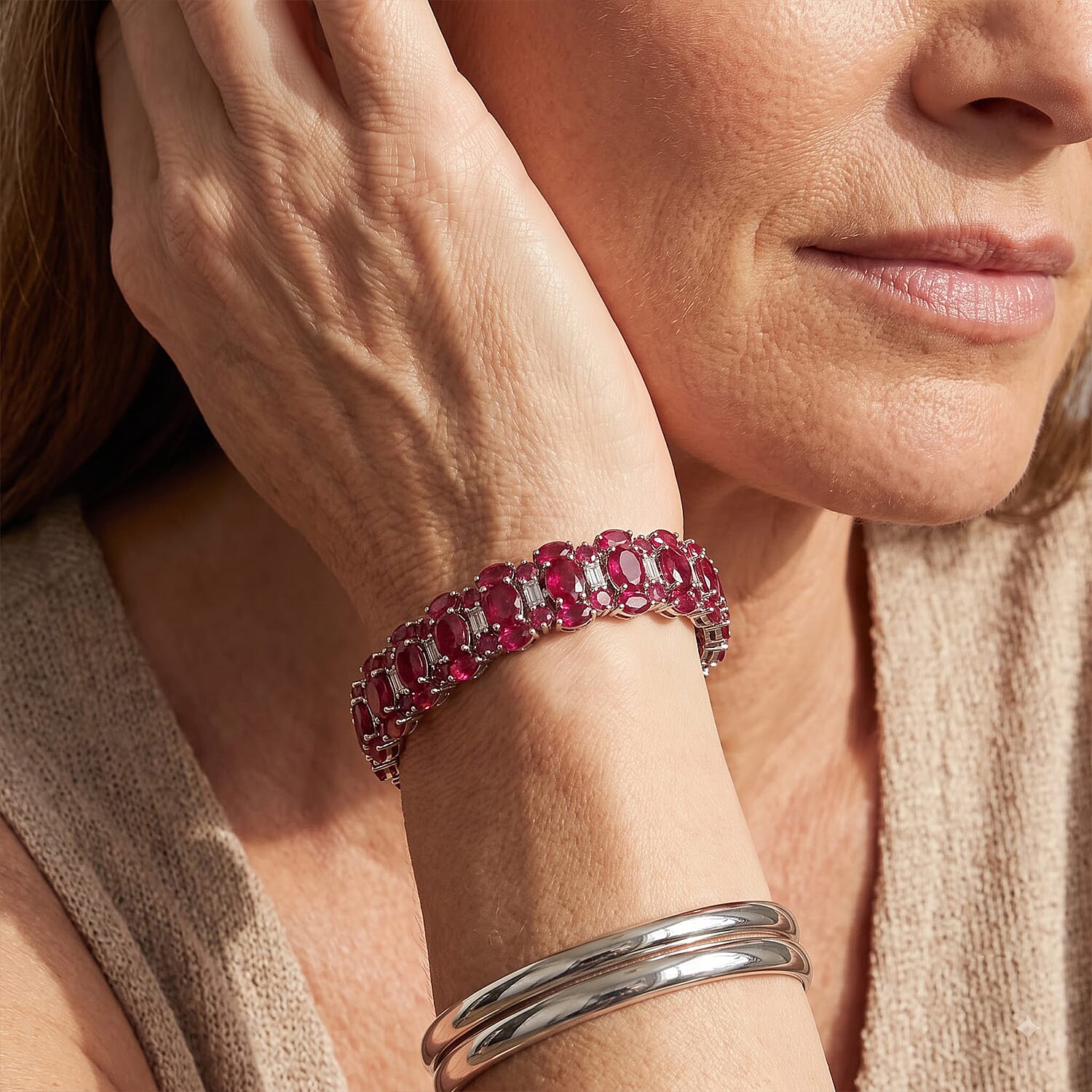 D'Joy Niassa Ruby (FF) and White Zircon 23.00 ctw Bracelet in Rhodium Over Sterling Silver (6.50 In)