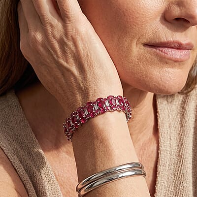 D'Joy Niassa Ruby (FF) and White Zircon 23.00 ctw Bracelet in Rhodium Over Sterling Silver (6.50 In)