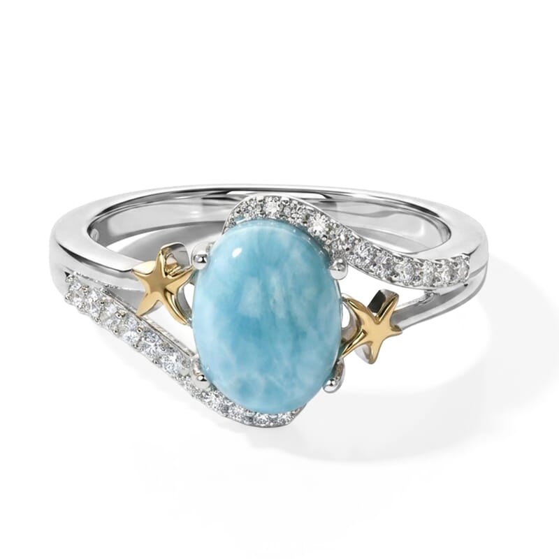 D'Joy AAA Larimar and Moissanite 2.60 ctw Twin Starfish Ring in 18K Vermeil YG and Rhodium Over Sterling Silver (Size 6.0)