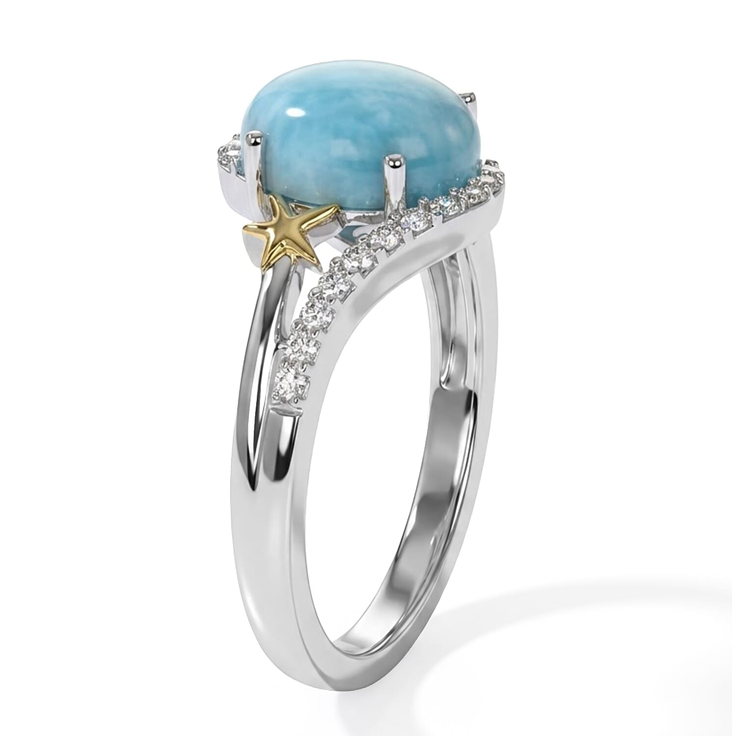 D'Joy AAA Larimar and Moissanite 2.60 ctw Twin Starfish Ring in 18K Vermeil YG and Rhodium Over Sterling Silver (Size 6.0)