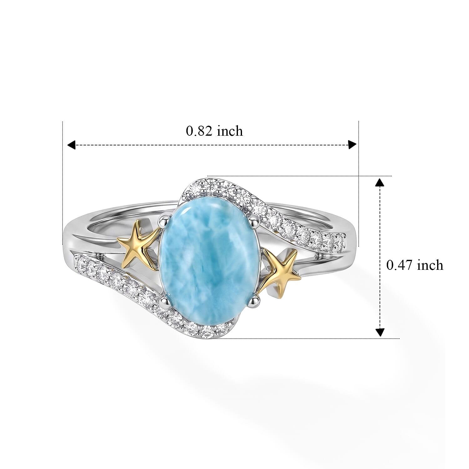 D'Joy AAA Larimar and Moissanite 2.60 ctw Twin Starfish Ring in 18K Vermeil YG and Rhodium Over Sterling Silver (Size 6.0)