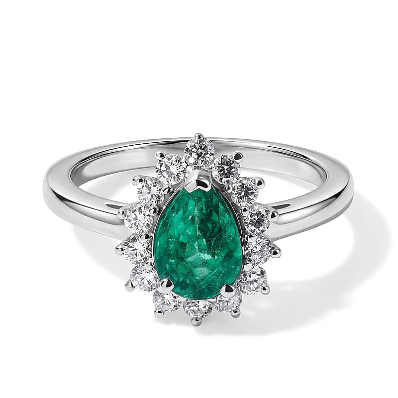 AAA Kagem Zambian Emerald and Luxuriant Lab Grown Diamond G-H SI 1.60 ctw Ring in 10K White Gold (Size 7.0)