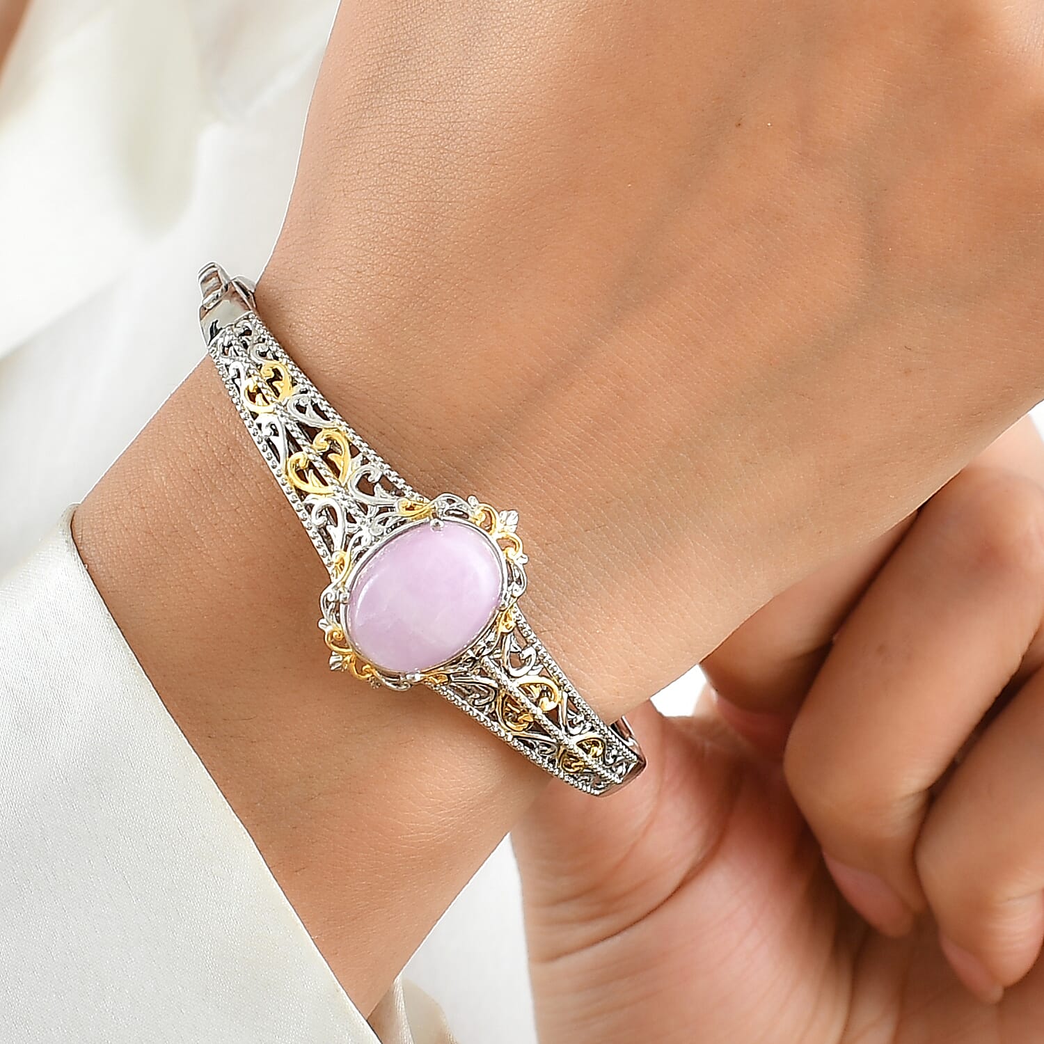 EverTrue Kunzite and Orissa Rhodolite Garnet 16.50 ctw Blush Harmony Two Tone Bangle Bracelet in 18K YG Plated and Platinum Bond (6.50 In)