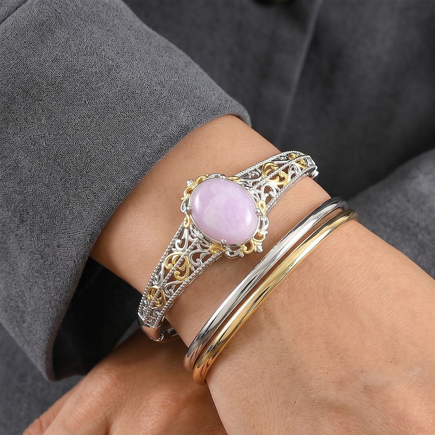 EverTrue Kunzite and Orissa Rhodolite Garnet 16.50 ctw Blush Harmony Two Tone Bangle Bracelet in 18K YG Plated and Platinum Bond (6.50 In)