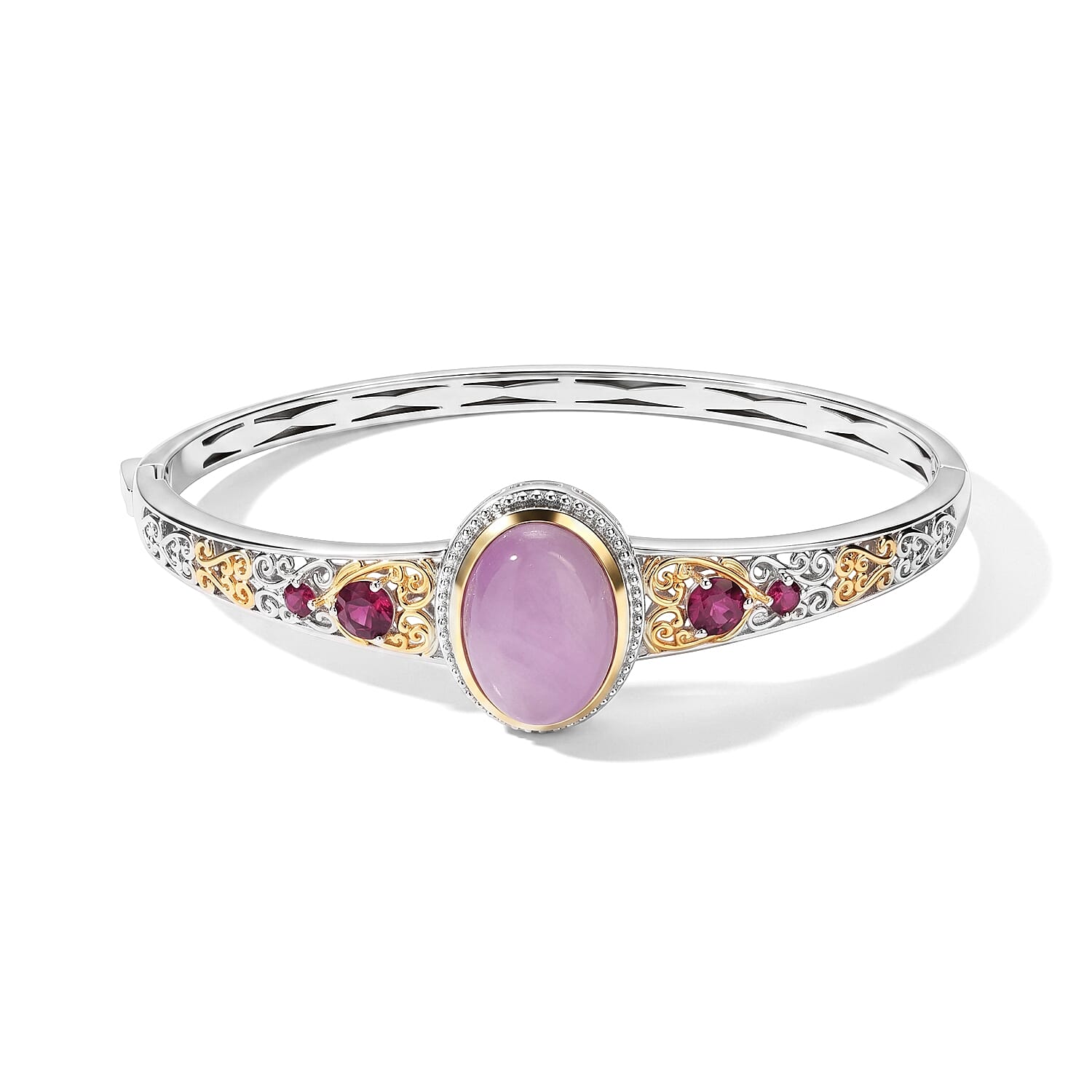 EverTrue Kunzite and Orissa Rhodolite Garnet 16.50 ctw Bangle Bracelet in 18K YG Plated and Platinum Bond (7.25 In)