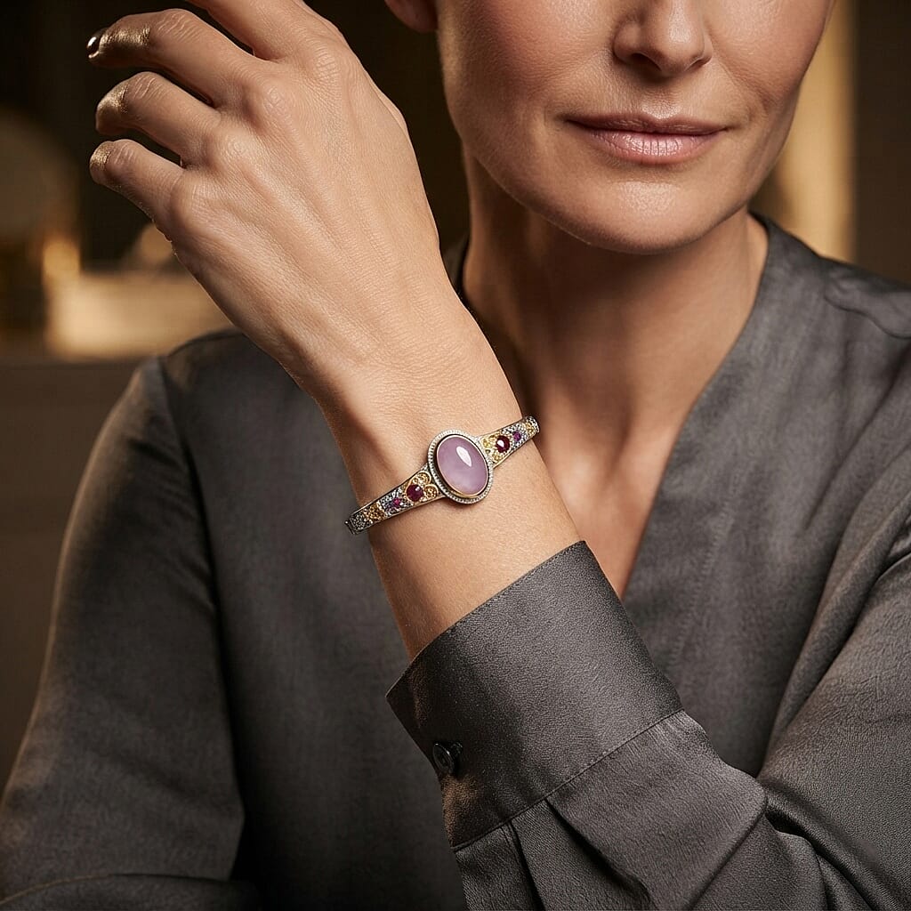 EverTrue Kunzite and Orissa Rhodolite Garnet 16.50 ctw Bangle Bracelet in 18K YG Plated and Platinum Bond (7.25 In)