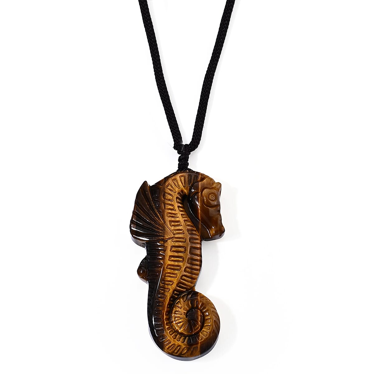 Yellow Tigers Eye 70.00 ctw Seahorse Pendant with Hand Woven Cord Necklace (26 Inches)