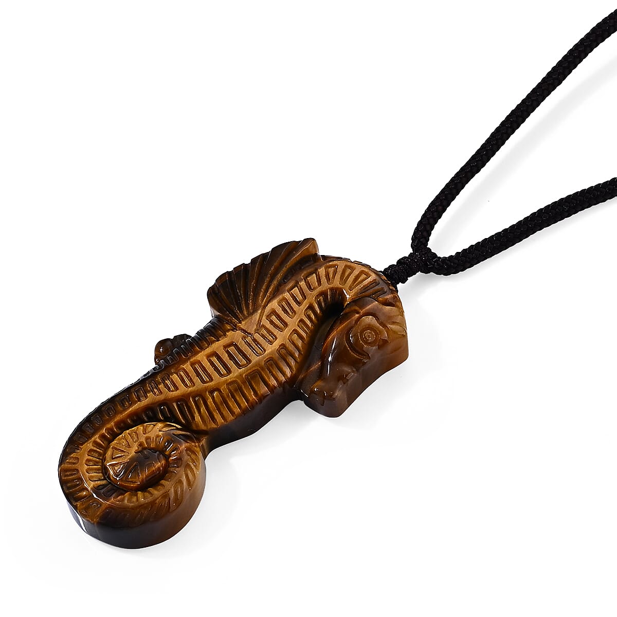 Yellow Tigers Eye 70.00 ctw Seahorse Pendant with Hand Woven Cord Necklace (26 Inches)
