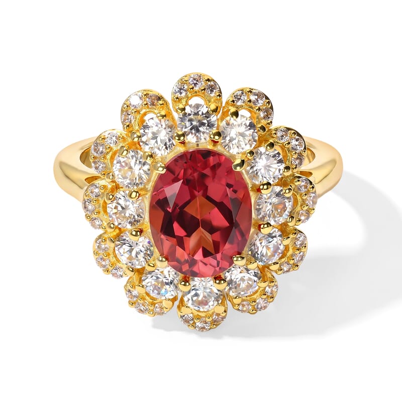 EverTrue Lab Created Padparadscha Sapphire and White Zircon 4.70 ctw Floral Ring in 18K YG Plated (Size 5.0)