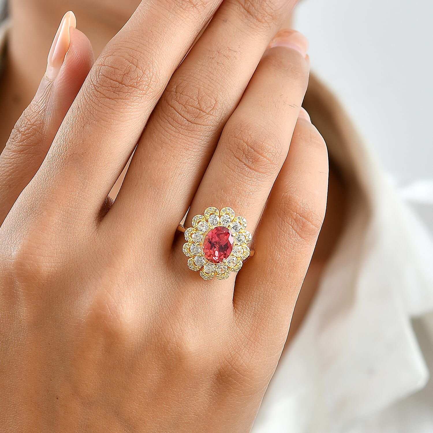 EverTrue Lab Created Padparadscha Sapphire and White Zircon 4.70 ctw Floral Ring in 18K YG Plated (Size 5.0)