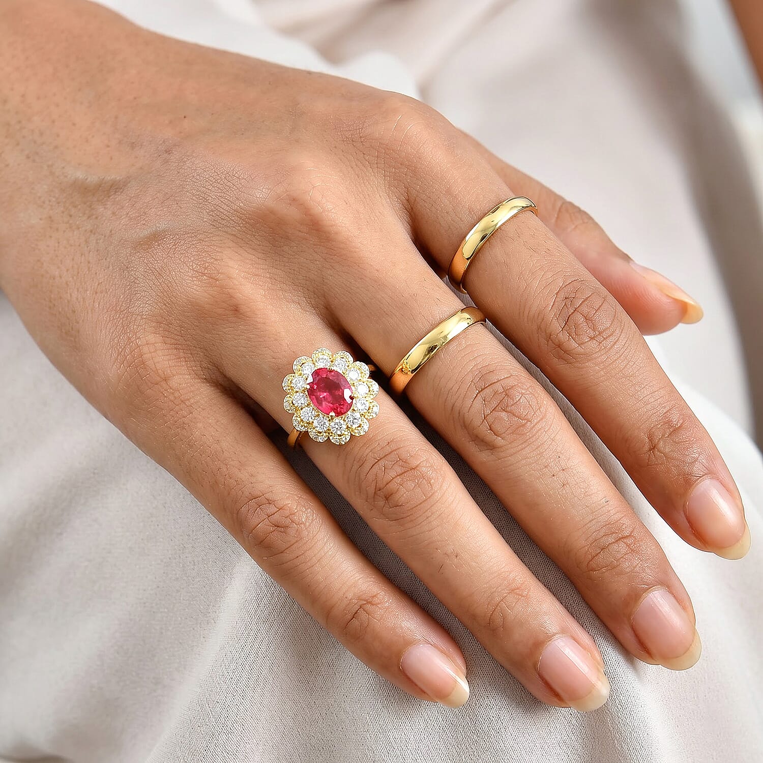 EverTrue Lab Created Padparadscha Sapphire and White Zircon 4.70 ctw Floral Ring in 18K YG Plated (Size 5.0)