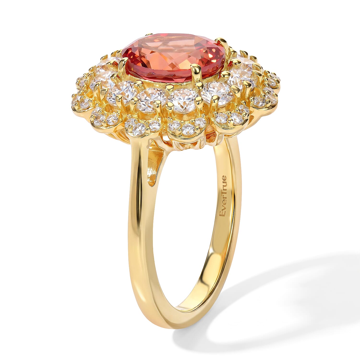 EverTrue Lab Created Padparadscha Sapphire and White Zircon 4.70 ctw Floral Ring in 18K YG Plated (Size 5.0)