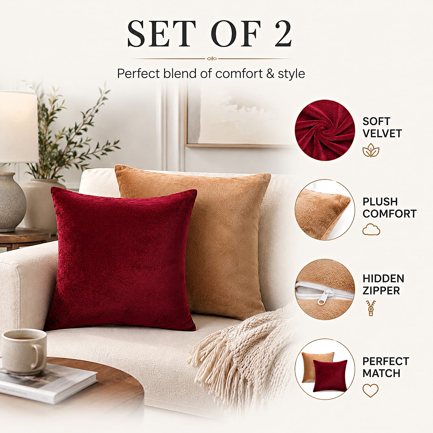 Set of 2 Maroon and Golden Flannel Pillow