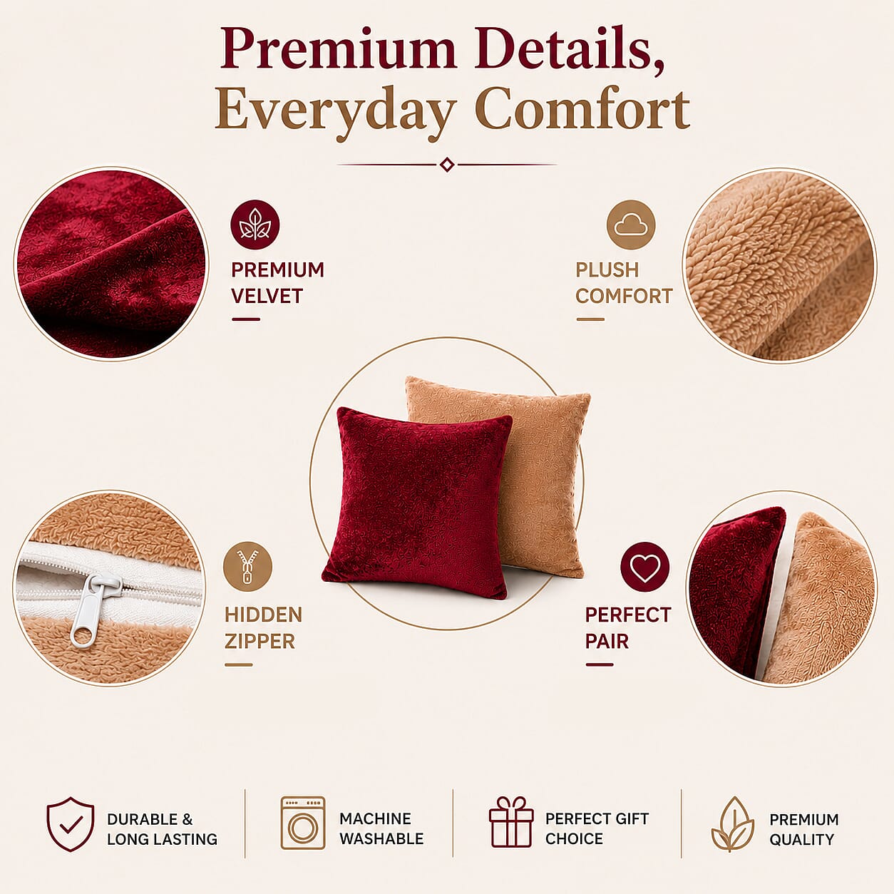 Set of 2 Maroon and Golden Flannel Pillow