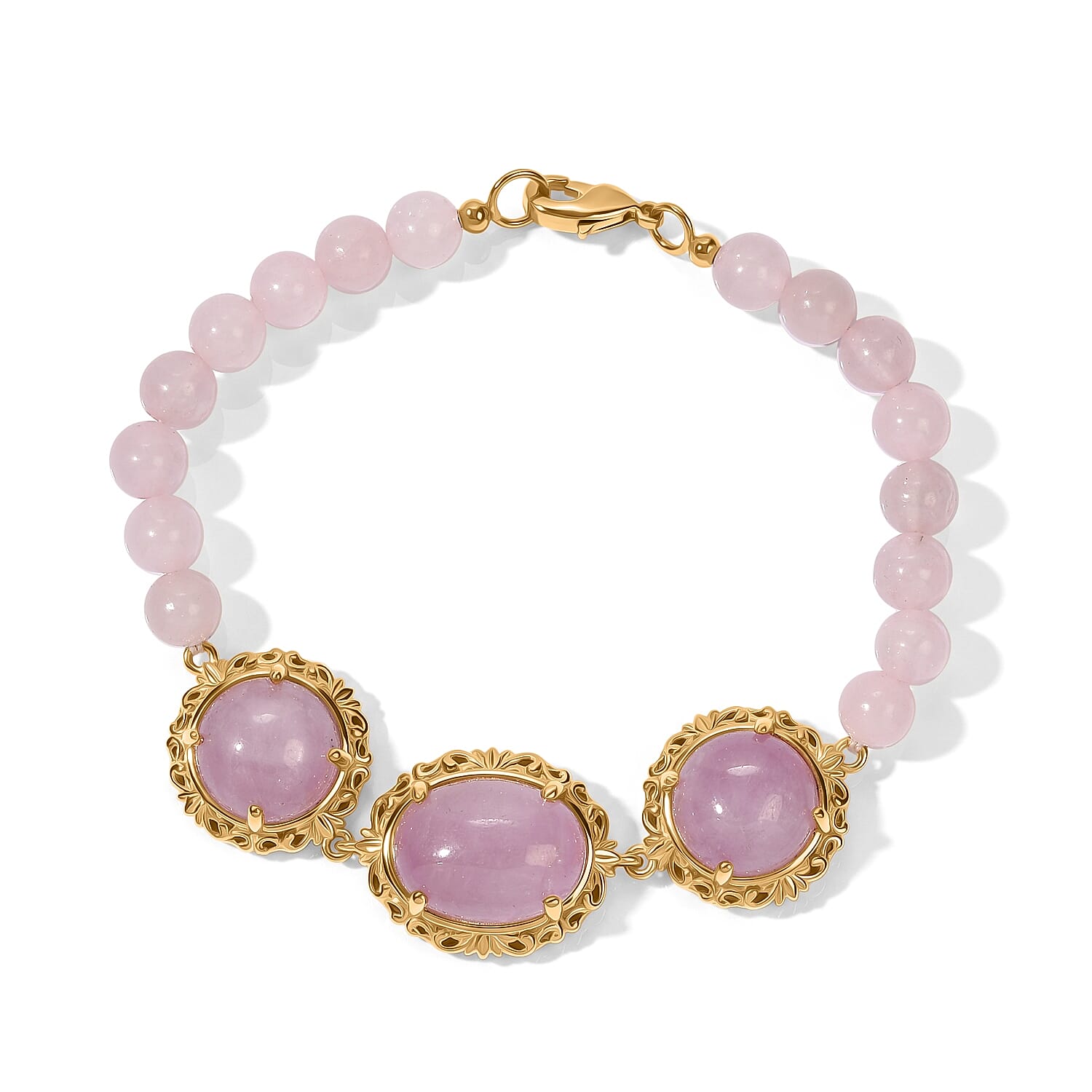 EverTrue Kunzite and Rose Quartz 41.20 ctw Open Filligree Work Bracelet in 18K YG Plated (7.25 In)