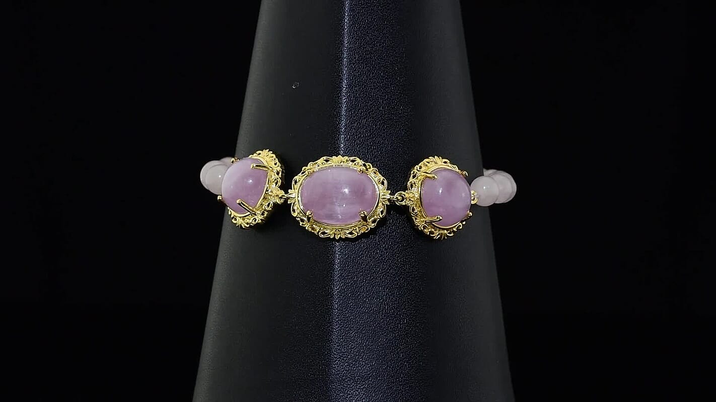 EverTrue Kunzite and Rose Quartz 41.20 ctw Open Filligree Work Bracelet in 18K YG Plated (7.25 In)